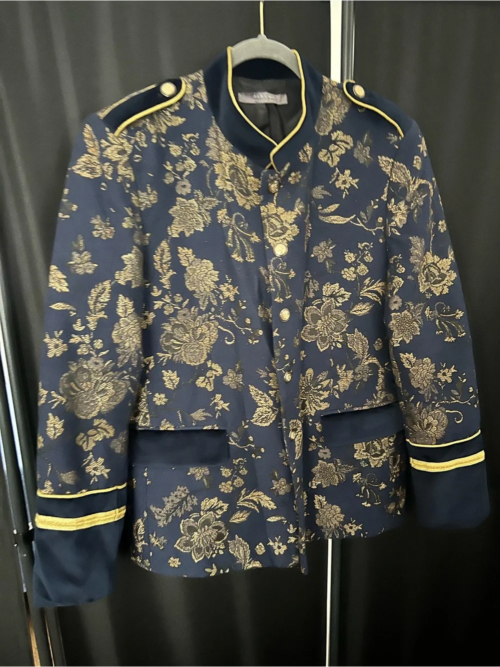 Zara Navy Blue Blazer with Gold Floral Brocade